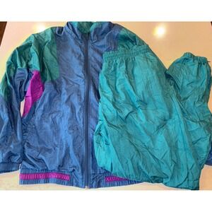 Vtg 90's Cabazon Women's XL Track Suit Geometric Windbreaker Jacket Pants Swishy